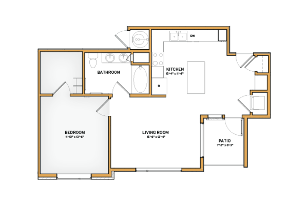 Floor plan for 1 bed, 1 bath, 740 sqft